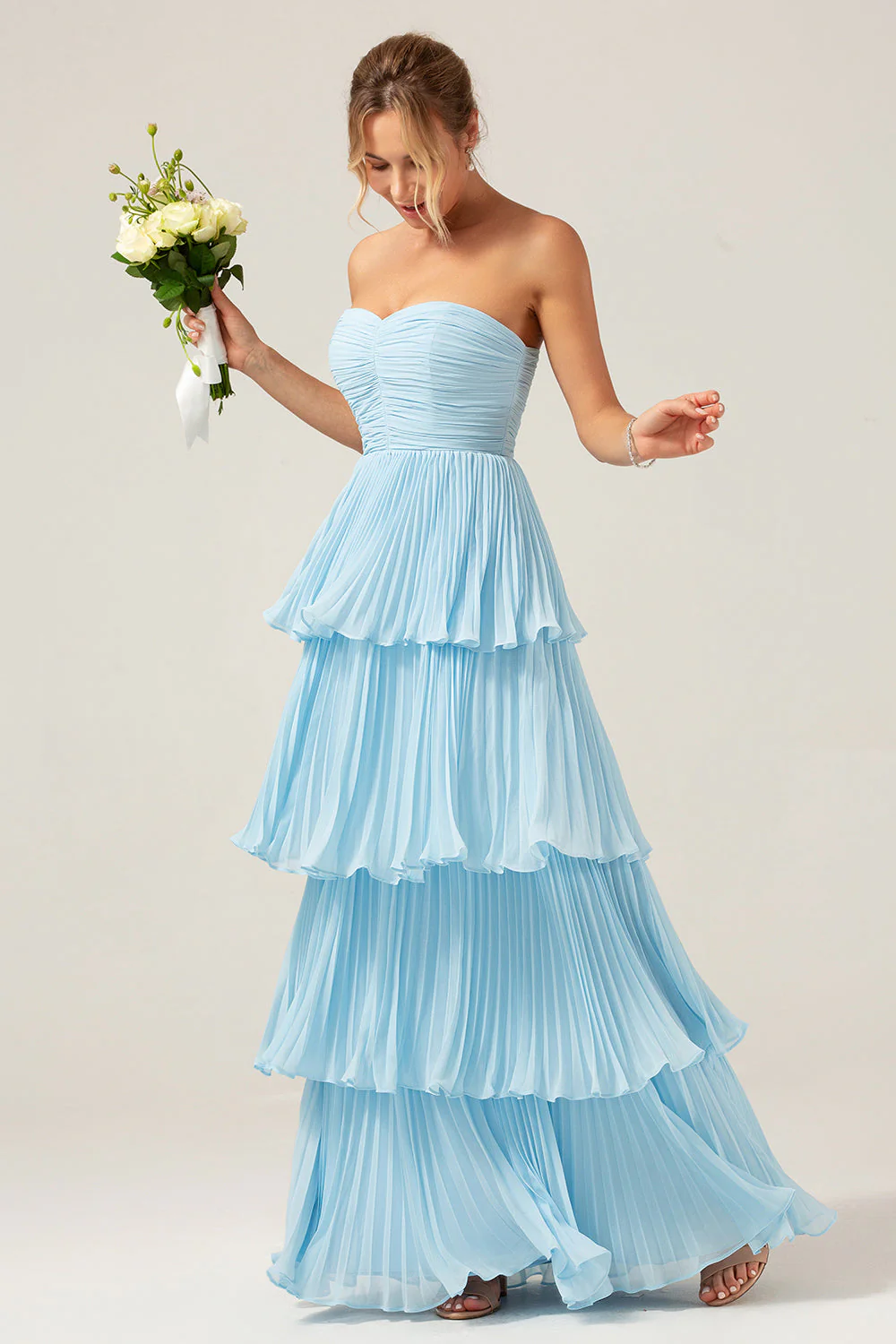 A-Line Sweetheart Tiered Chiffon Long Lilac Bridesmaid Dress with Pleated - JUORTHO