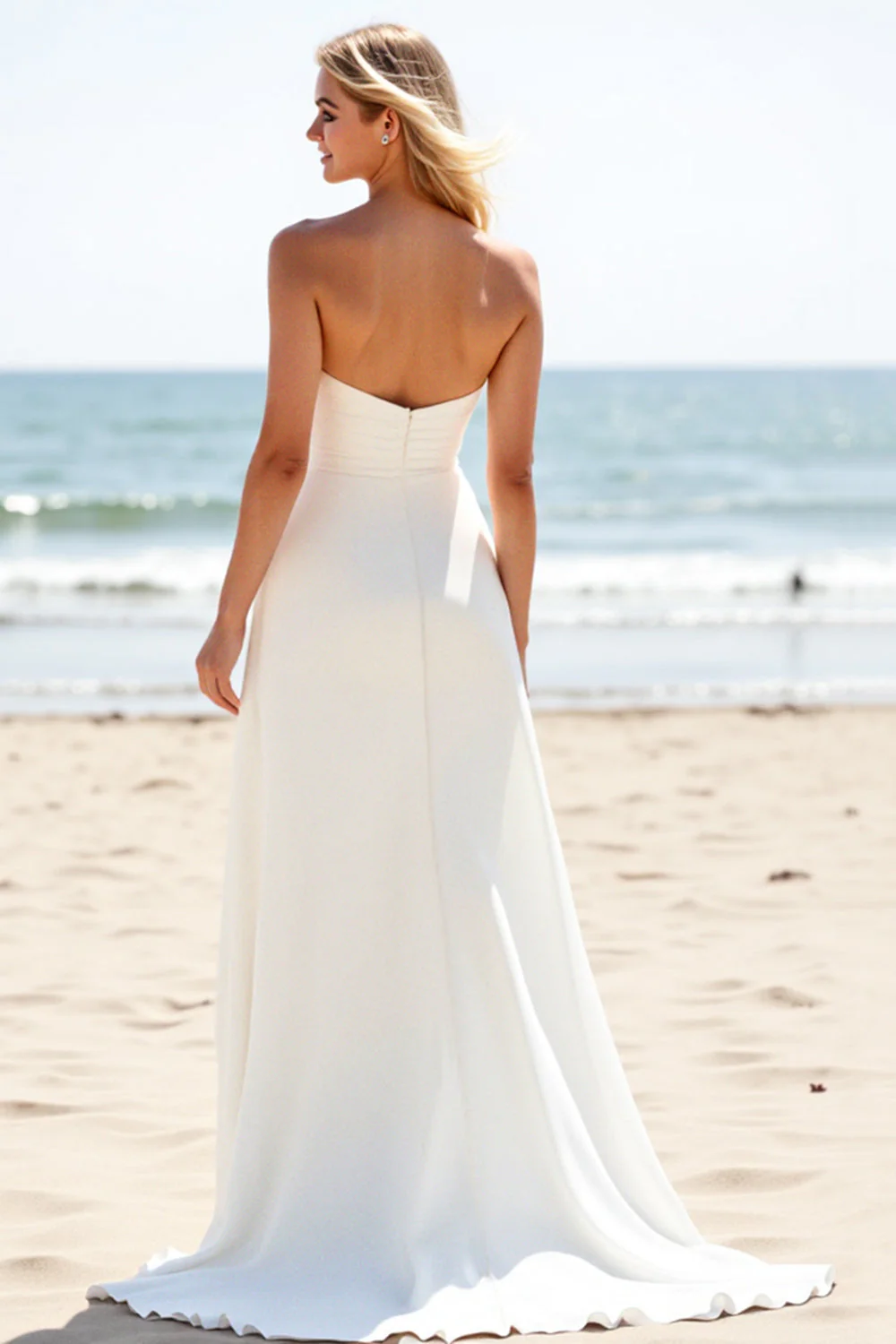 A Line Ivory Chiffon Sweep Train Strapless Boho Wedding Dress with Slit - JUORTHO