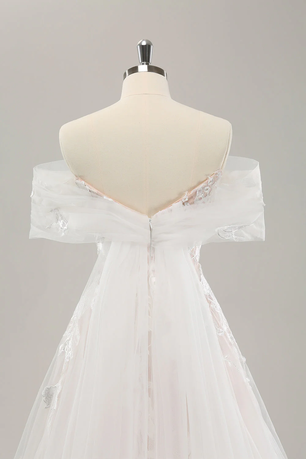 White A Line Off the Shoulder Tulle Bridal Dress with Embroidery - JUORTHO