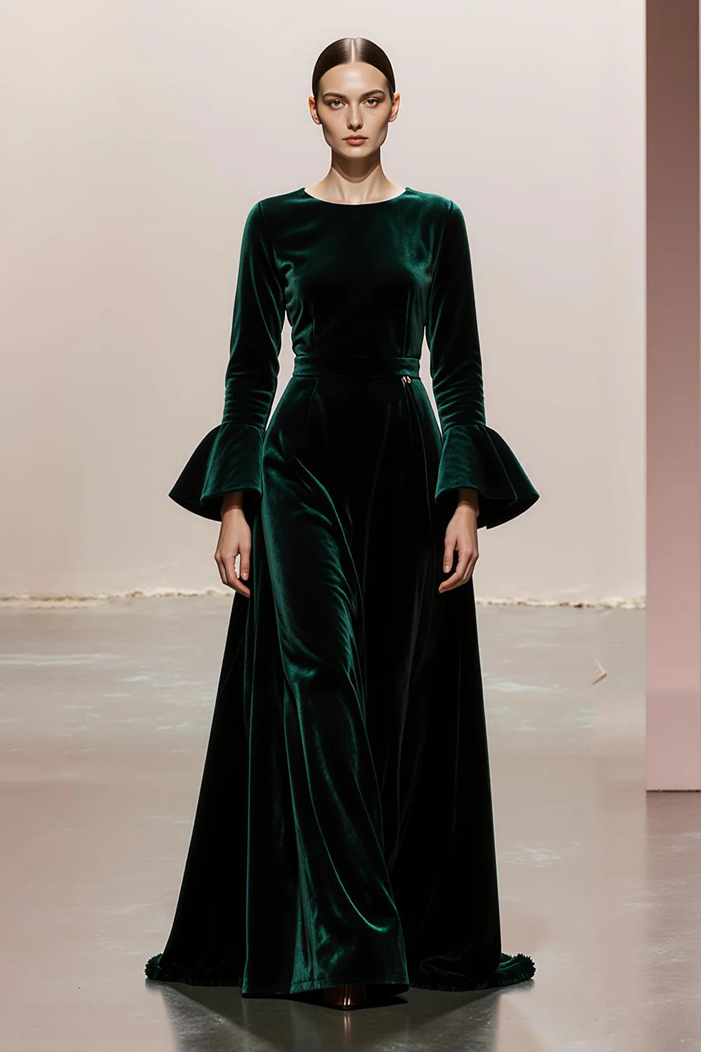 Dark Green Round Neck Velvet A Line Long Formal Dress with Sleeves - JUORTHO