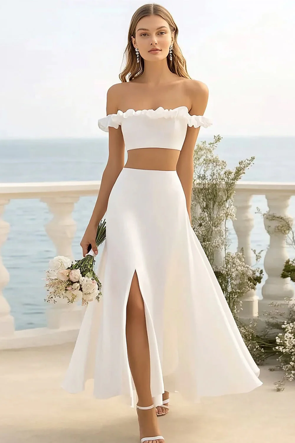 White Satin Two Pieces Long A Line Engagement Dress with Slit - JUORTHO