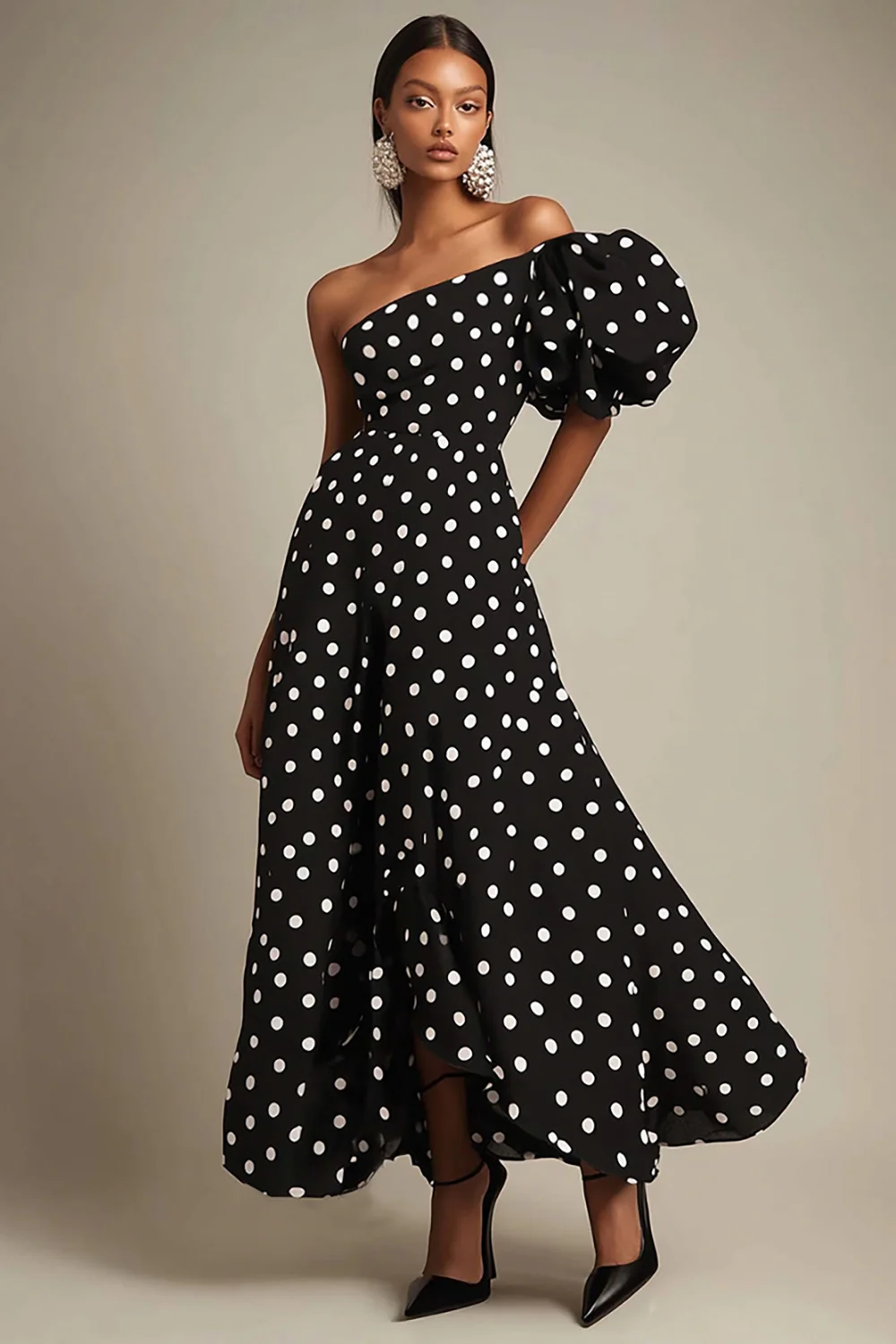 One Shoulder Black and White Satin Puff Sleeves Boho Maxi Polka Dot Dress - JUORTHO