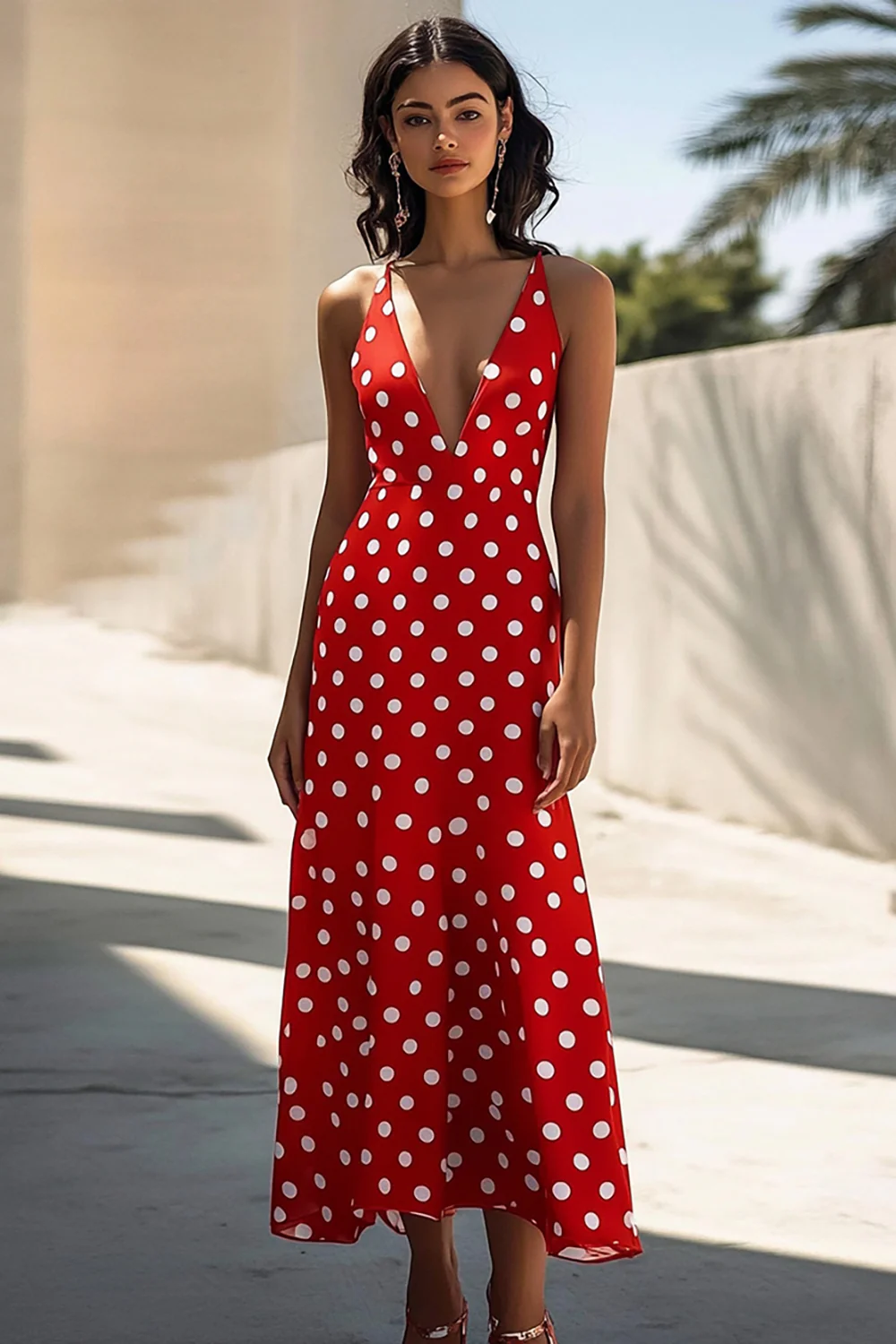 Red and White Satin A Line Deep V-Neck Boho Maxi Polka Dot Dress - JUORTHO