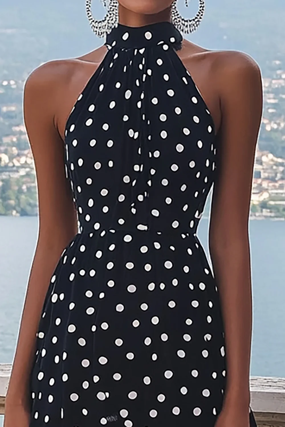 High Neck Chiffon Black and White A Line Boho Maxi Polka Dot Dress - JUORTHO