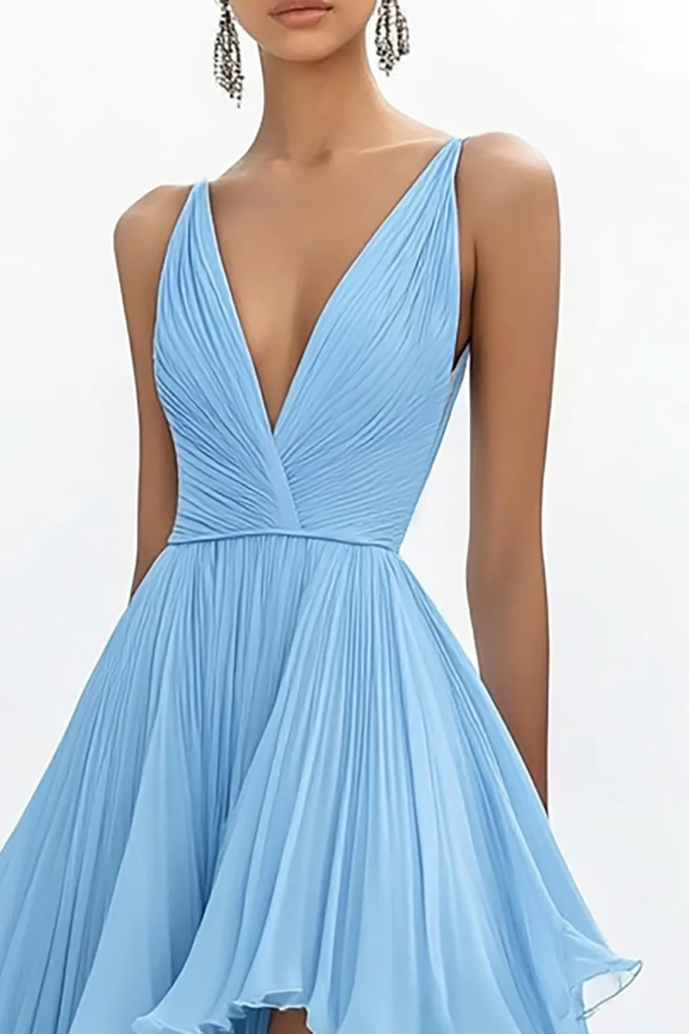 Sky Blue A Line Deep V-Neck High-Low Chiffon Prom Dress - JUORTHO