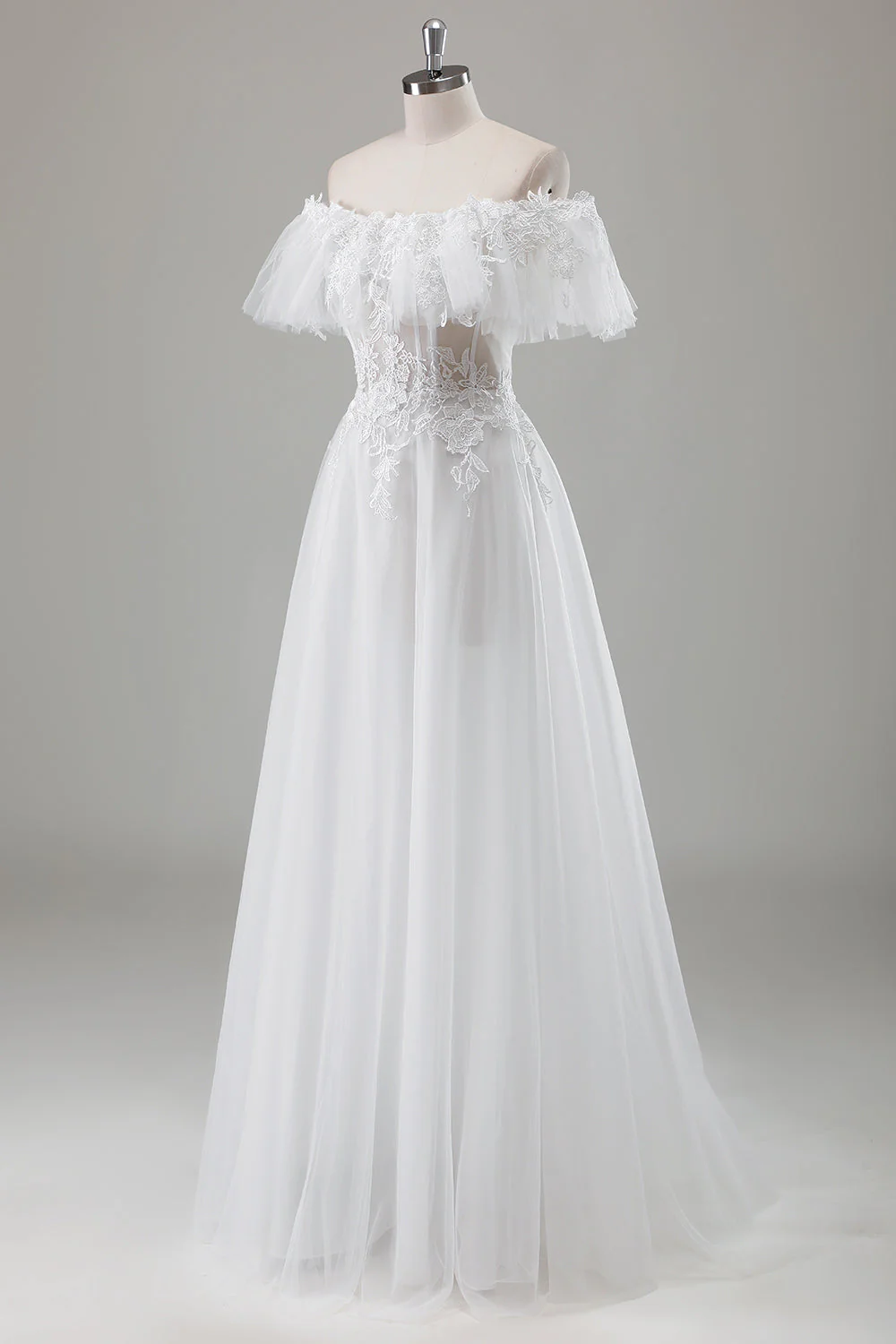 Ivory Off the Shoulder A-Line Wedding Dress with Appliqued Lace - JUORTHO