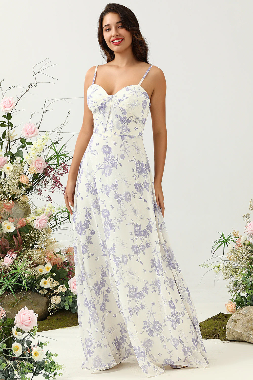 Spaghetti Straps Purple Floral Long Bridesmaid Dress - JUORTHO