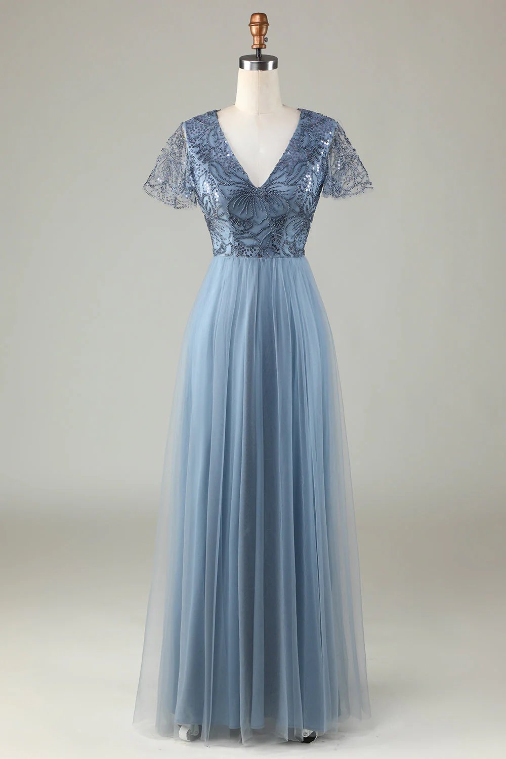 Confidently Charismatic A Line V Neck Dusty Blue Long Bridesmaid Dress with Beading - JUORTHO