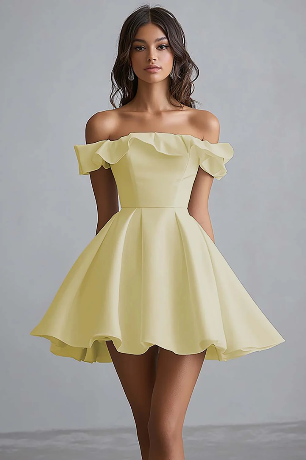 A Line White Satin Off the Shoulder Mini Graduation Dress with Ruffles - JUORTHO