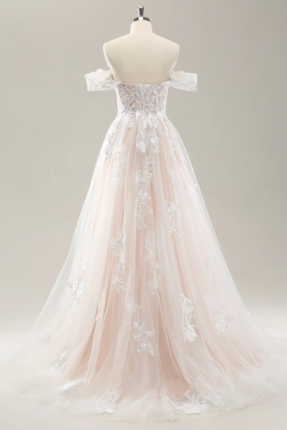 White A Line Off the Shoulder Tulle Wedding Dress with Applique Lace - JUORTHO