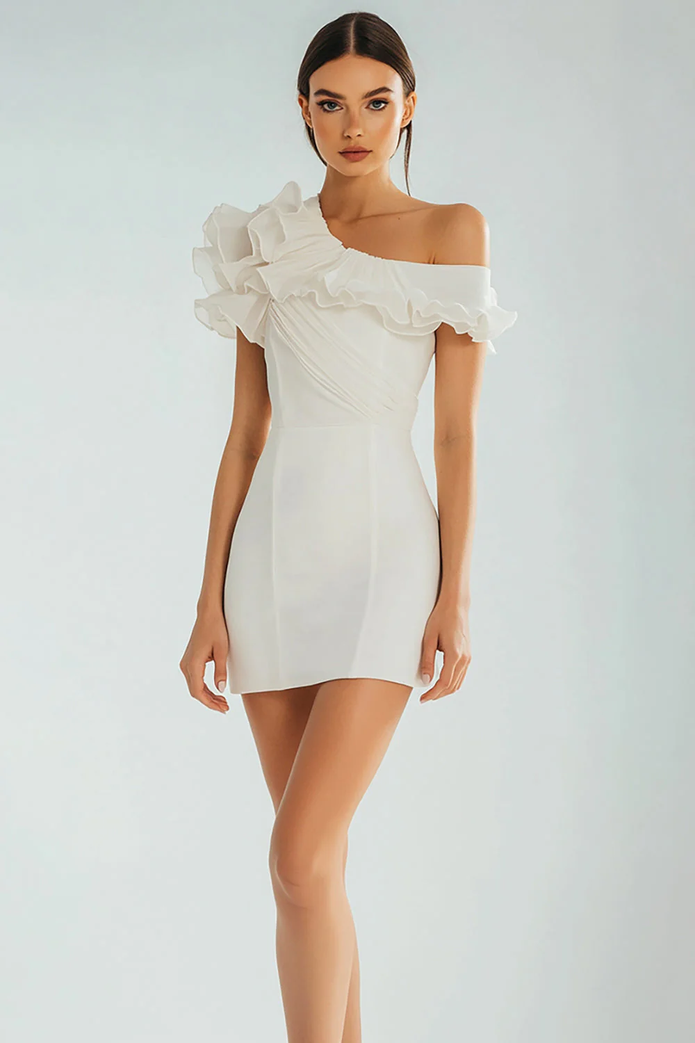 Ivory Bodycon One Shoulder Satin Short Graduation Dress with Ruffles - JUORTHO