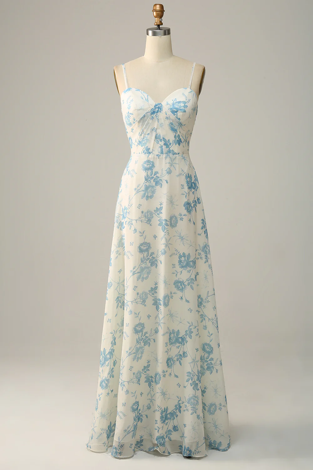 Spaghetti Straps Blue Floral Long Bridesmaid Dress - JUORTHO