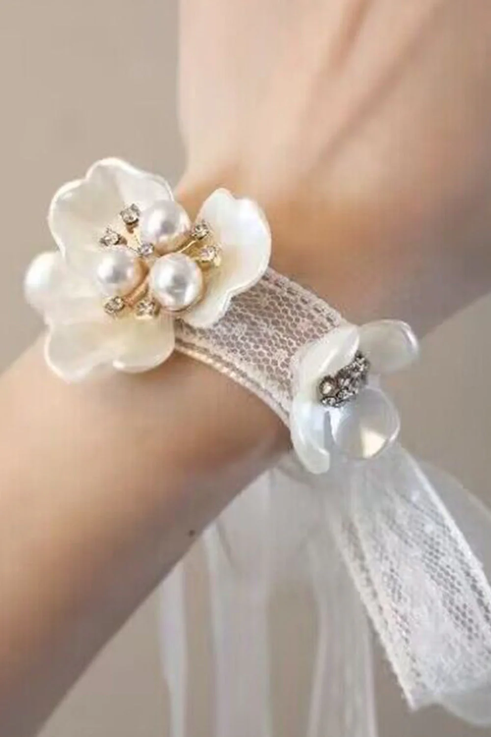 White Ceramic Petal Wrist Corsage with Pearls - JUORTHO
