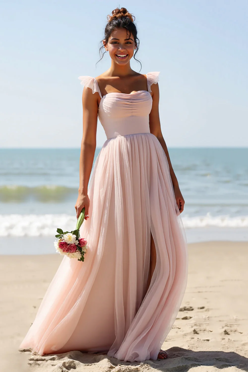 Candy Pink A Line Long Pleated Bridesmaid Dress with Slit - JUORTHO