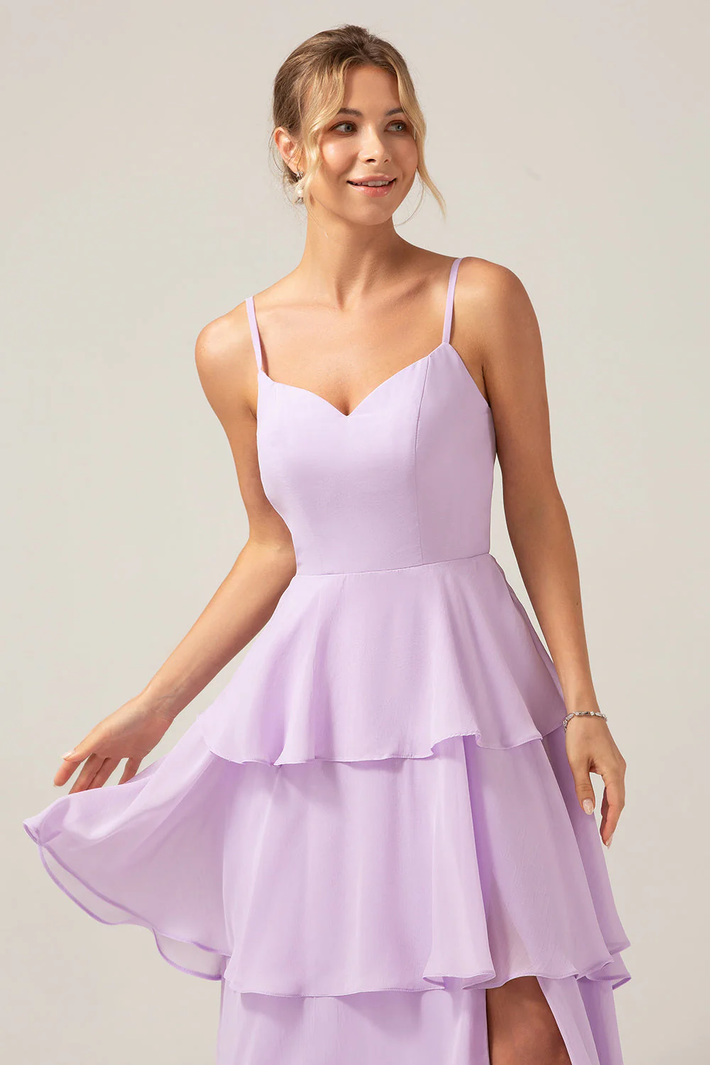 Lilac A Line Spaghetti Straps Tiered Chiffon Bridesmaid Dress with Slit - JUORTHO