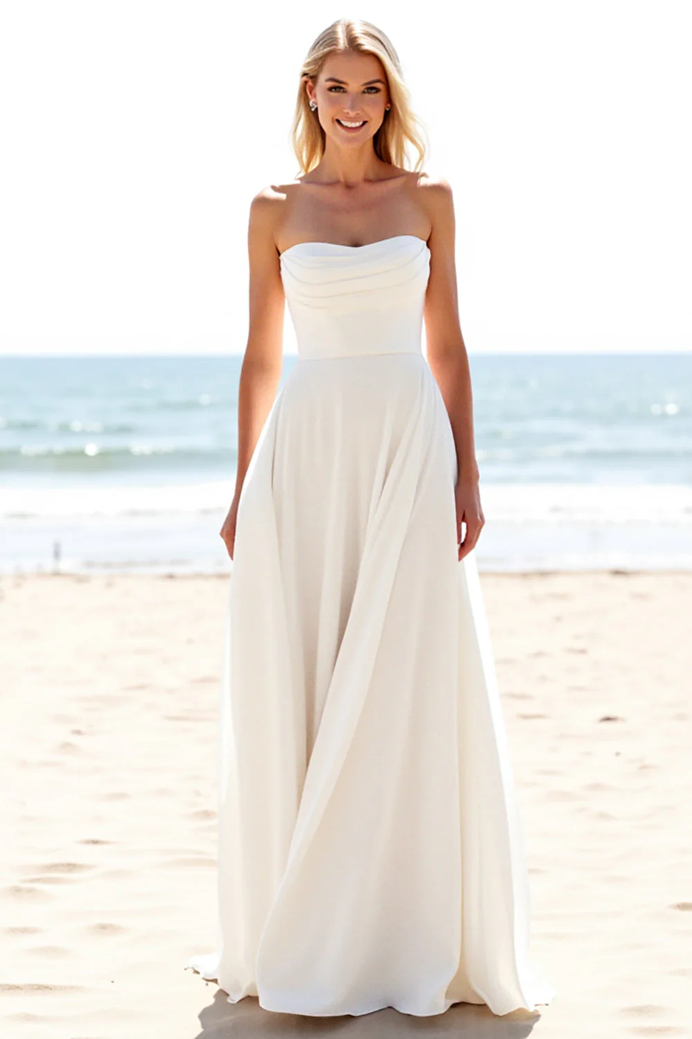 A Line Ivory Chiffon Sweep Train Strapless Boho Wedding Dress with Slit - JUORTHO