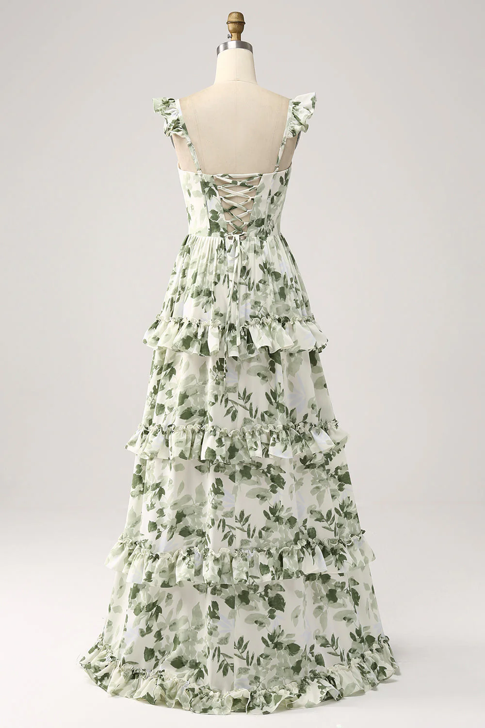 Green Floral Ruffles Tiered Prom Dress with Slit - JUORTHO