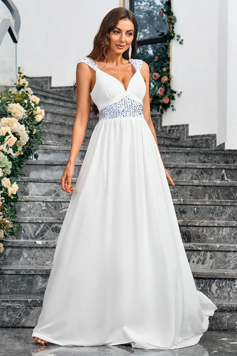 White A Line Spaghetti Straps Sequin Long Party Dress - JUORTHO