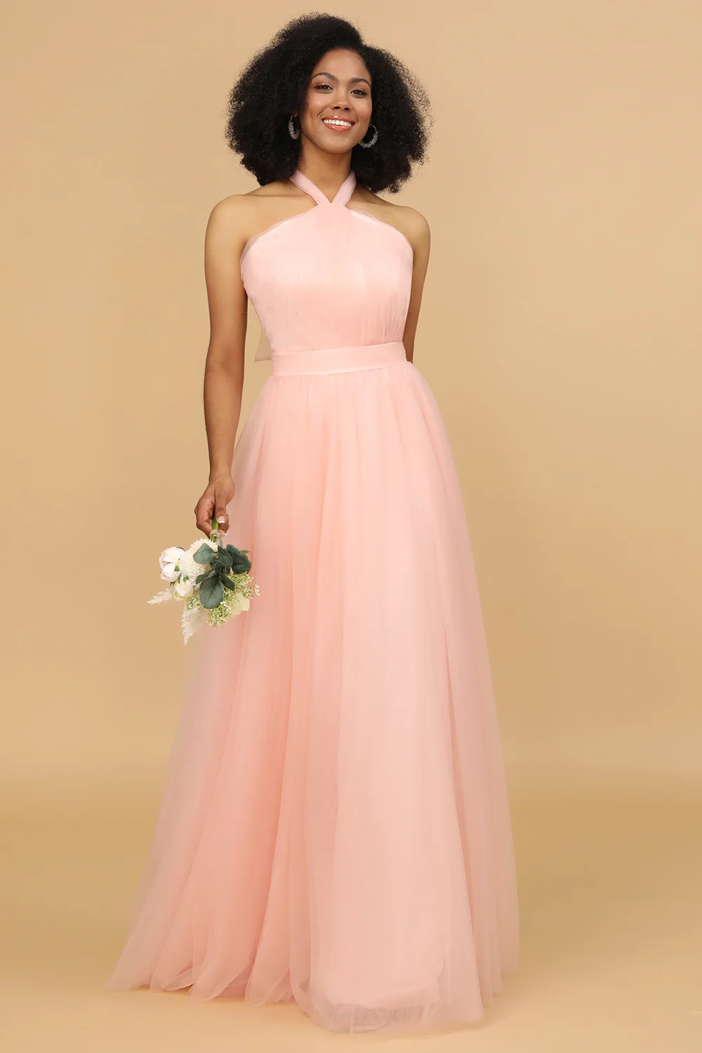 Blush Halter Tulle Long Bridesmaid Dress - JUORTHO