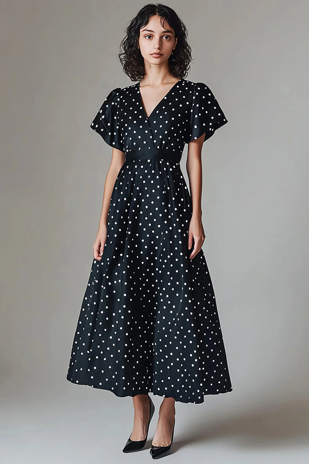 V-Neck Black and White Maxi Satin A Line Polka Dot Dress - JUORTHO