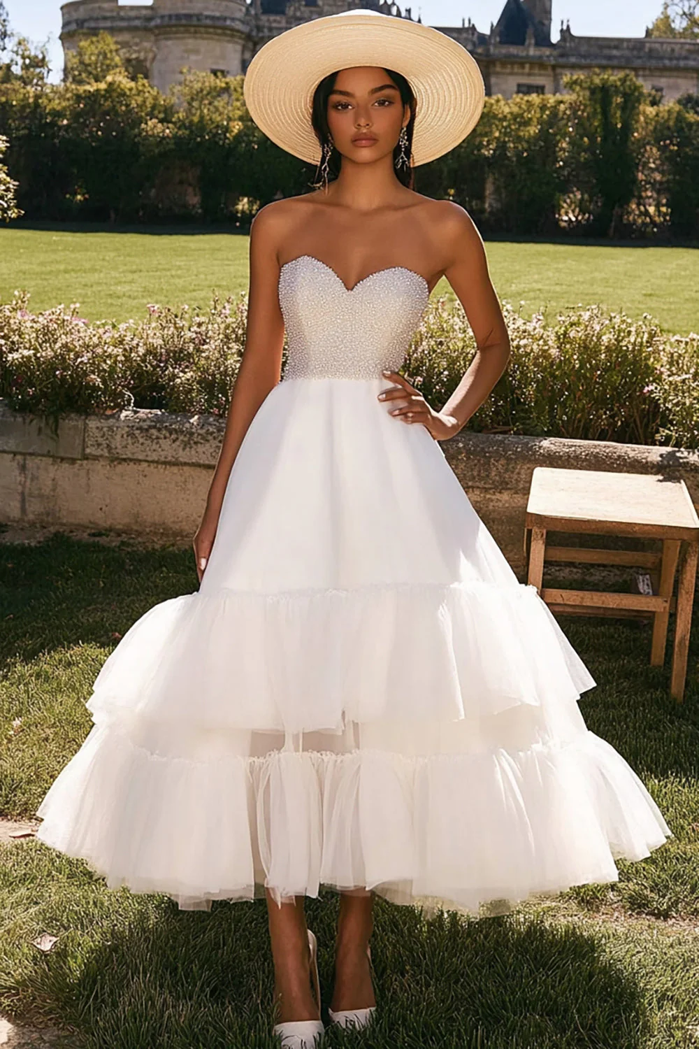 Sparkly White Tulle Long Engagement Dress with Beading - JUORTHO