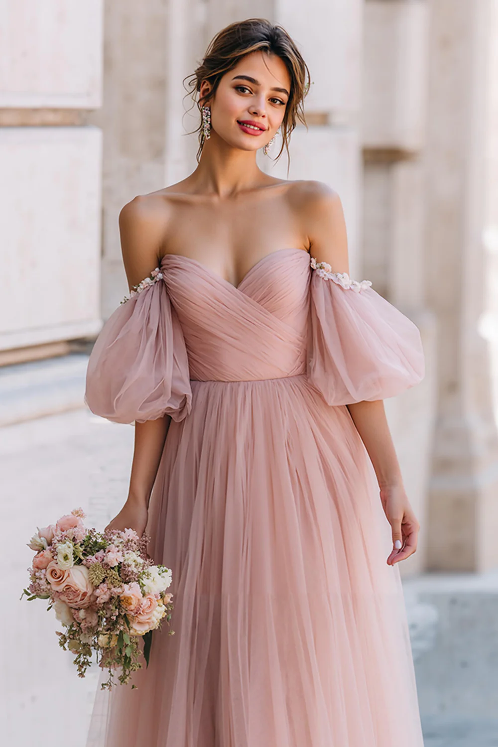 Dusty Rose Off the Shoulder Tulle A-Line Long Bridesmaid Dress with Sleeves - JUORTHO