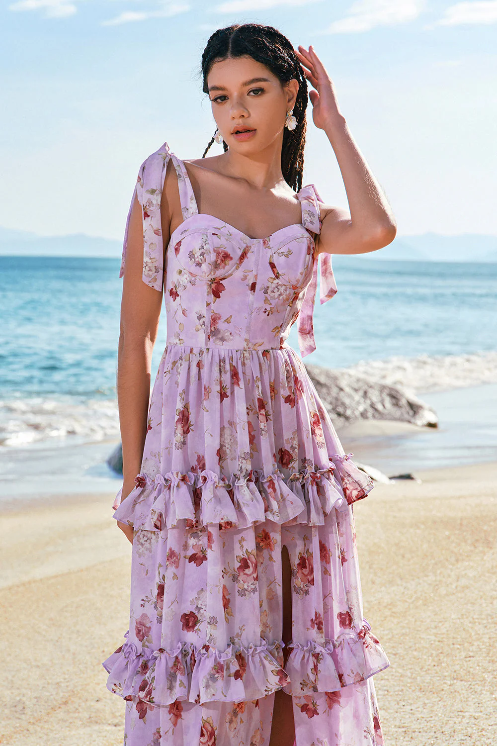 Grey Purple A-Line Tiered Print Floral Bridesmaid Dress with Ruffle Slit - JUORTHO