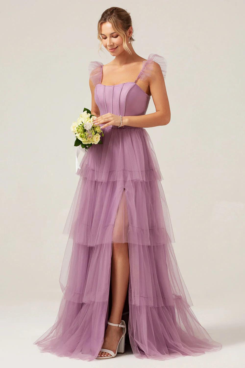 Detachable Straps A Line Purple Tiered Long Bridesmaid Dress - JUORTHO