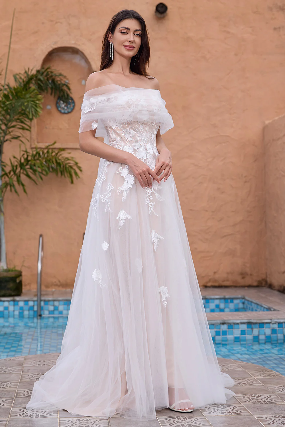 White Off the Shoulder A Line Tulle Bridal Dress with Embroidery - JUORTHO
