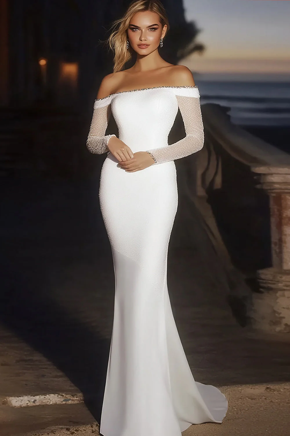 Elegant Ivory Satin Off the Shoulder Mermaid Long Wedding Dress with Long Sleeves - JUORTHO