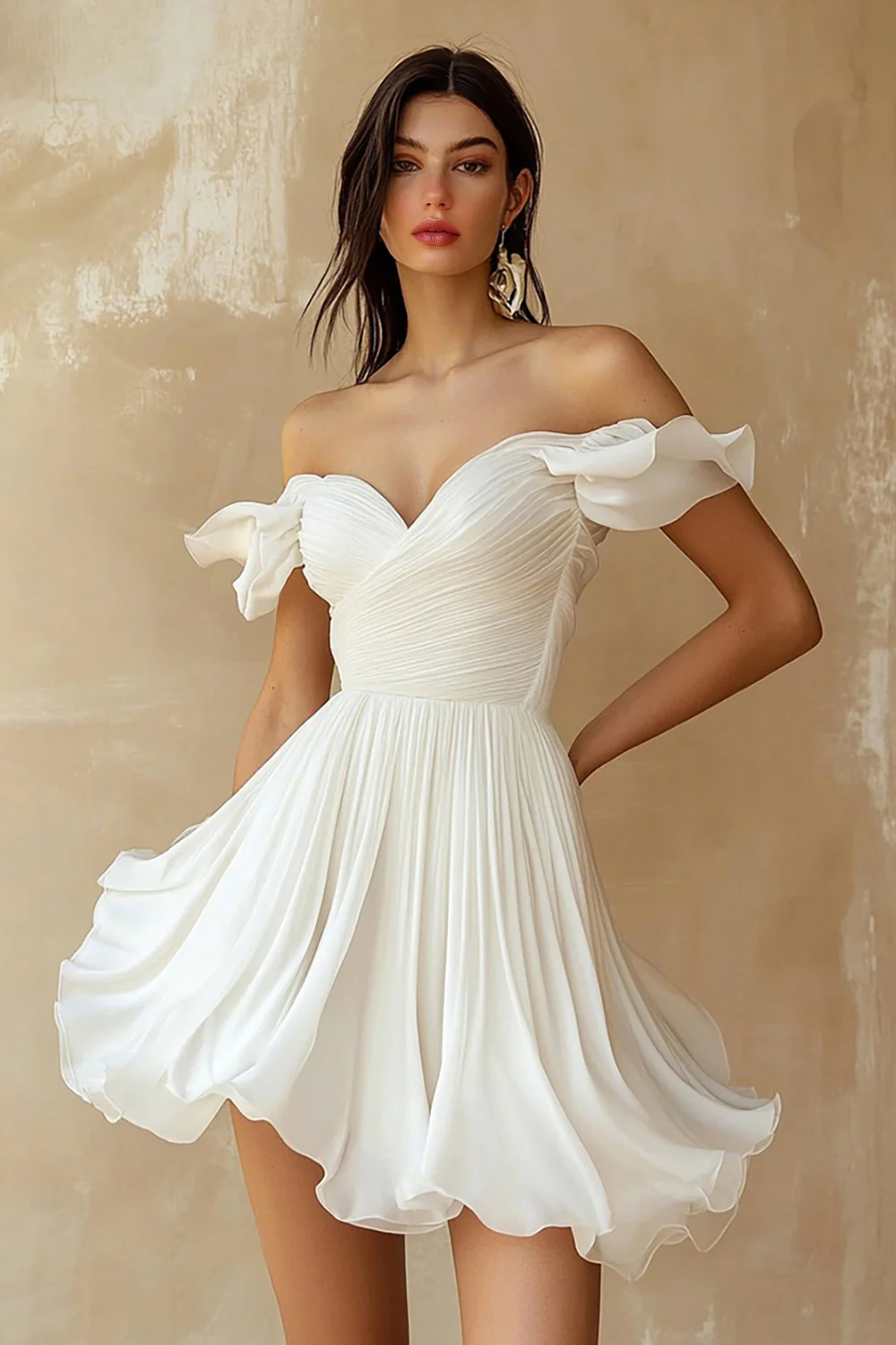 Chiffon Pleated A Line Mini Little White Dress with Ruffles - JUORTHO