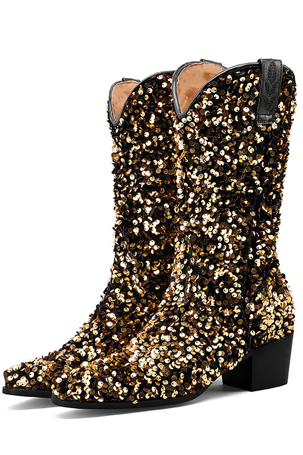Glitter Black Mid Calf Sequins Snip Toe Chunky Heeled Boots - JUORTHO