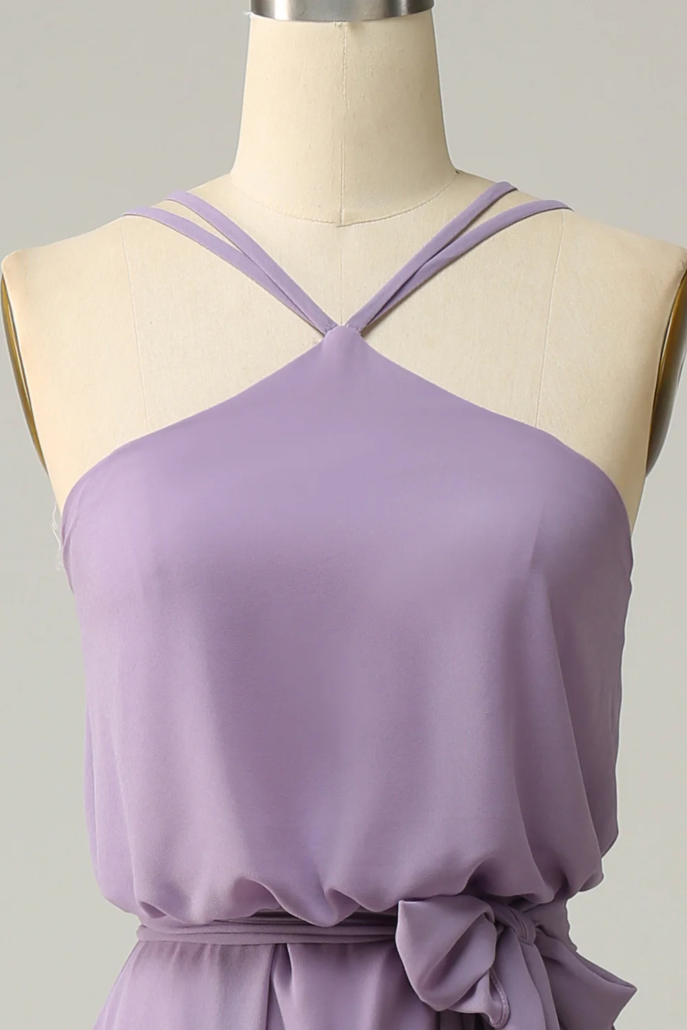 A Line Halter Grey Purple Long Bridemaid Dress with Bowknot - JUORTHO