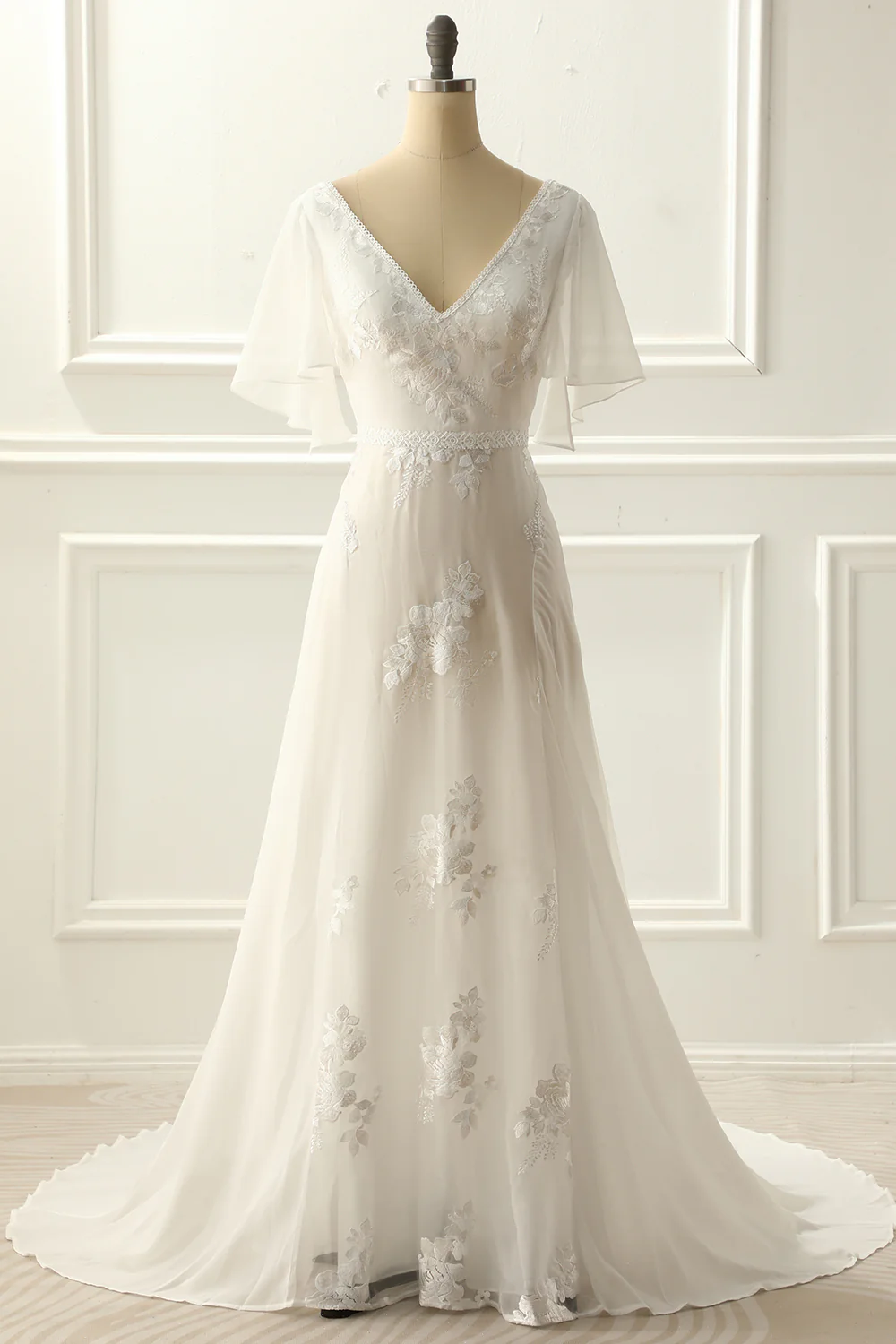 A-line V neck Floor-length Ivory Appliques Wedding Dress - JUORTHO