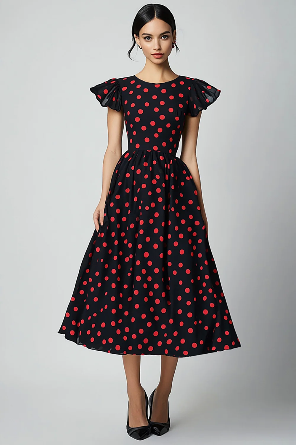 Black and Red Satin A Line Cap Sleeves Maxi Polka Dot Dress with Ruffles - JUORTHO