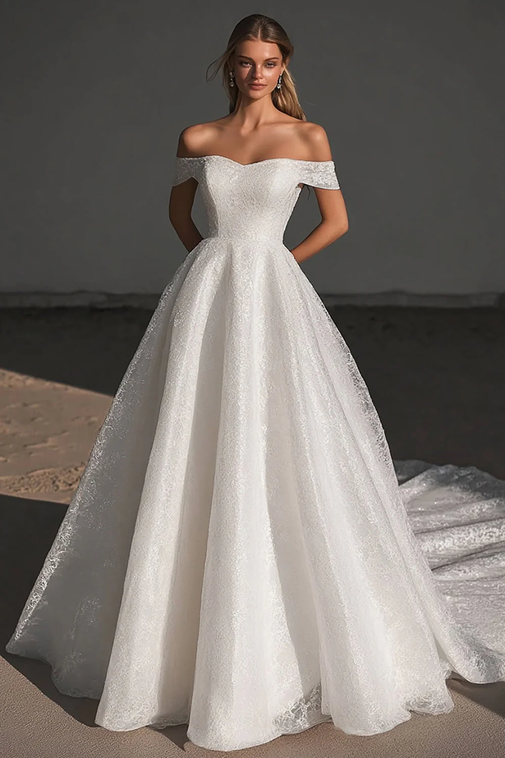Lace A Line Off the Shoulder Ivory Wedding Dress - JUORTHO