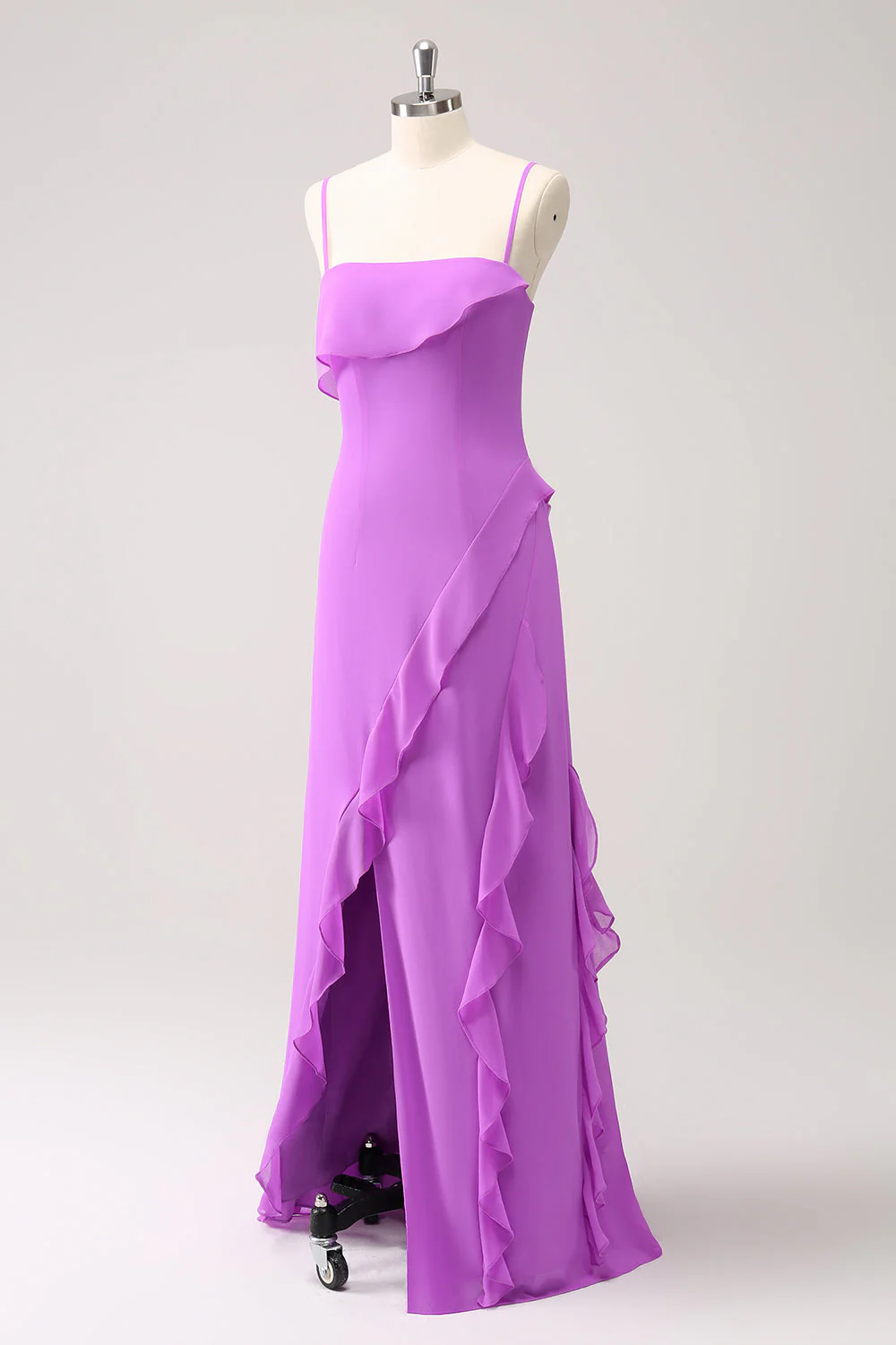 Tahiti Ruffle Spaghetti Straps Chiffon Long Bridesmaid Dress with Slit - JUORTHO