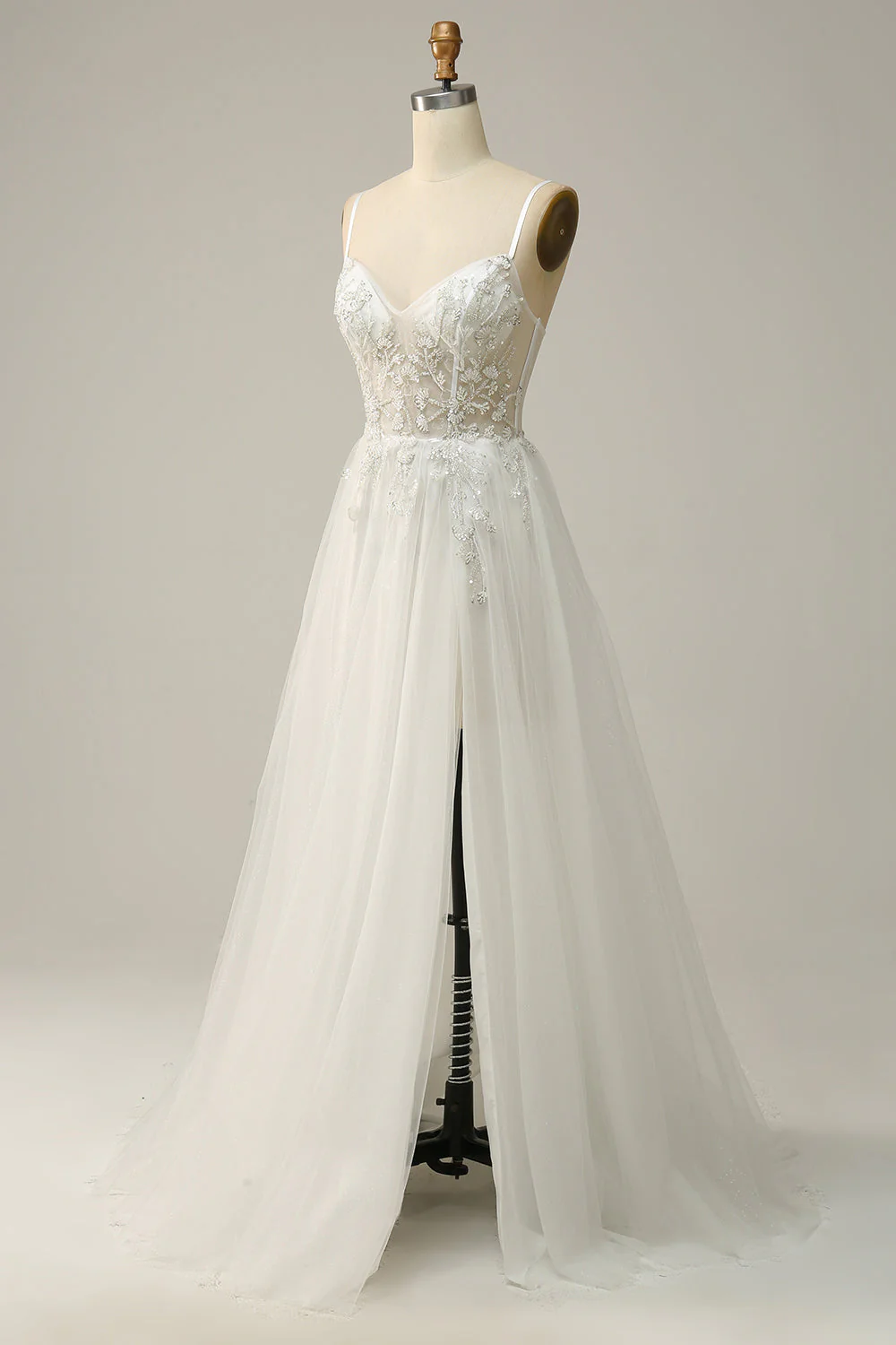 A Line Spaghetti Straps White Long Bridal Dress with Appliques - JUORTHO