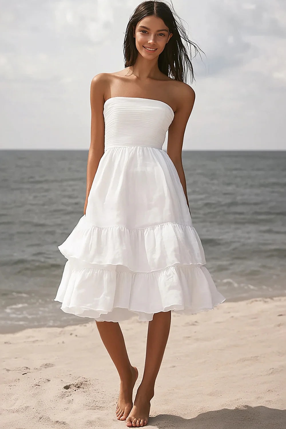 Ivory Strapless Beach Midi Engagement Dress with Ruffles - JUORTHO