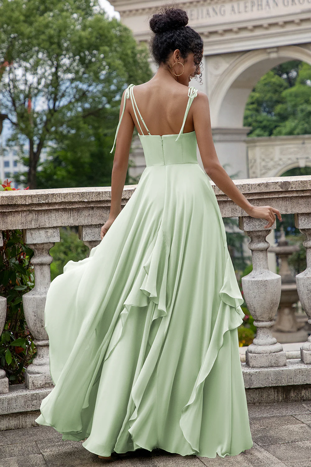 Matcha A Line Spaghetti Straps Long Bridesmaid Dress with Ruffles - JUORTHO
