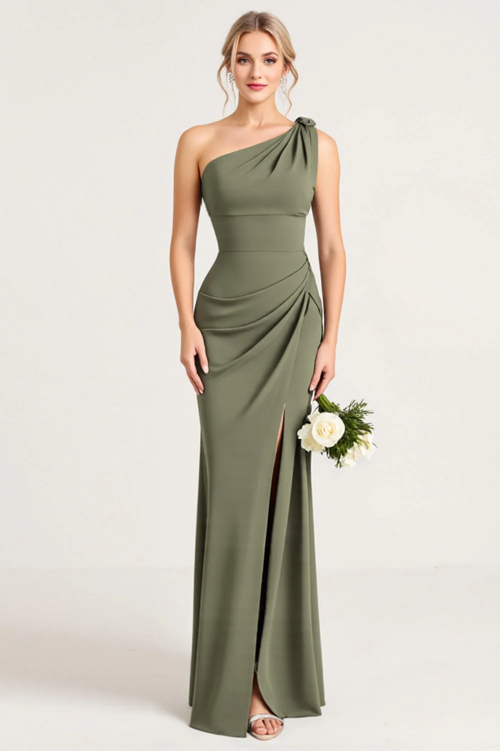 Sheath Olive One Shoulder Long Bridesmaid Dress with Slit - JUORTHO