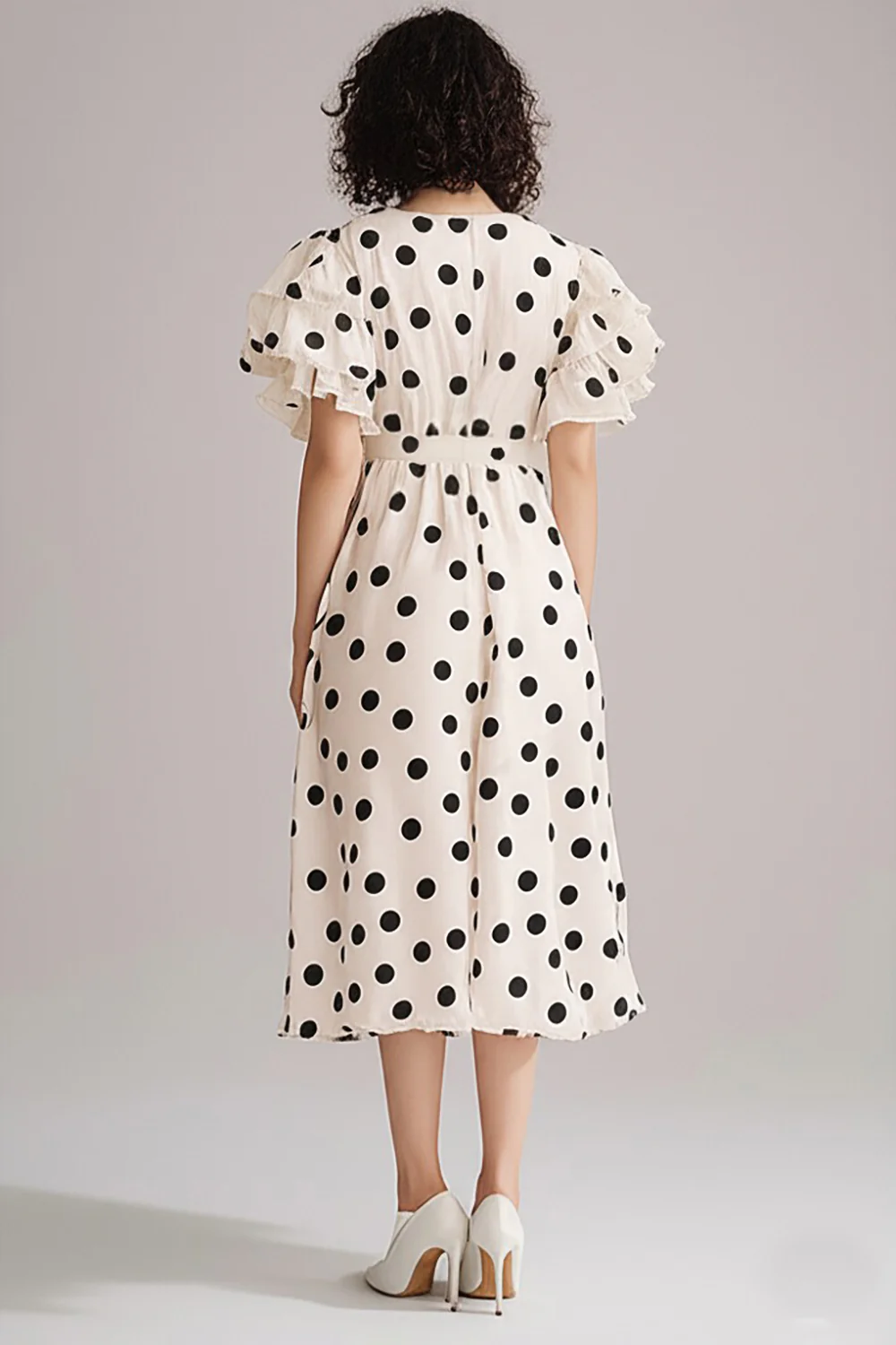 Black and White Chiffon V-Neck A Line Maxi Boho Polka Dot Dress with Ruffles - JUORTHO
