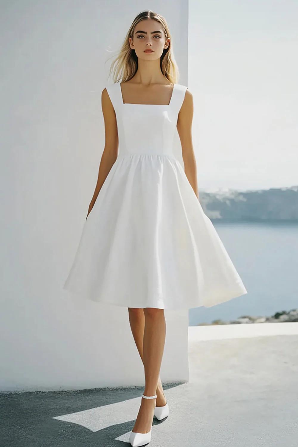 White A Line Chiffon Square Neck Short Graduation Dress - JUORTHO
