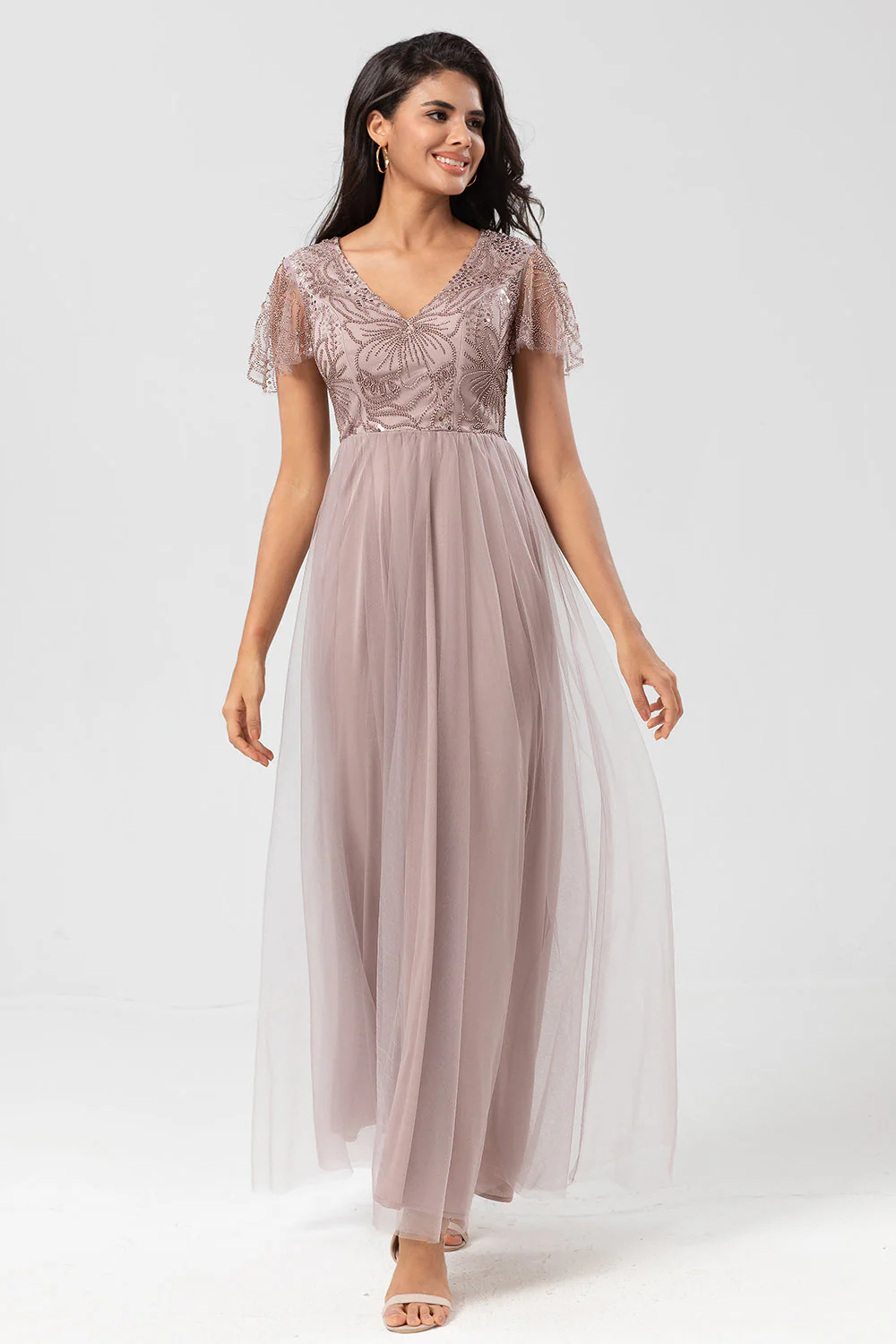 Confidently Charismatic A Line V Neck Dusty Blue Long Bridesmaid Dress with Beading - JUORTHO