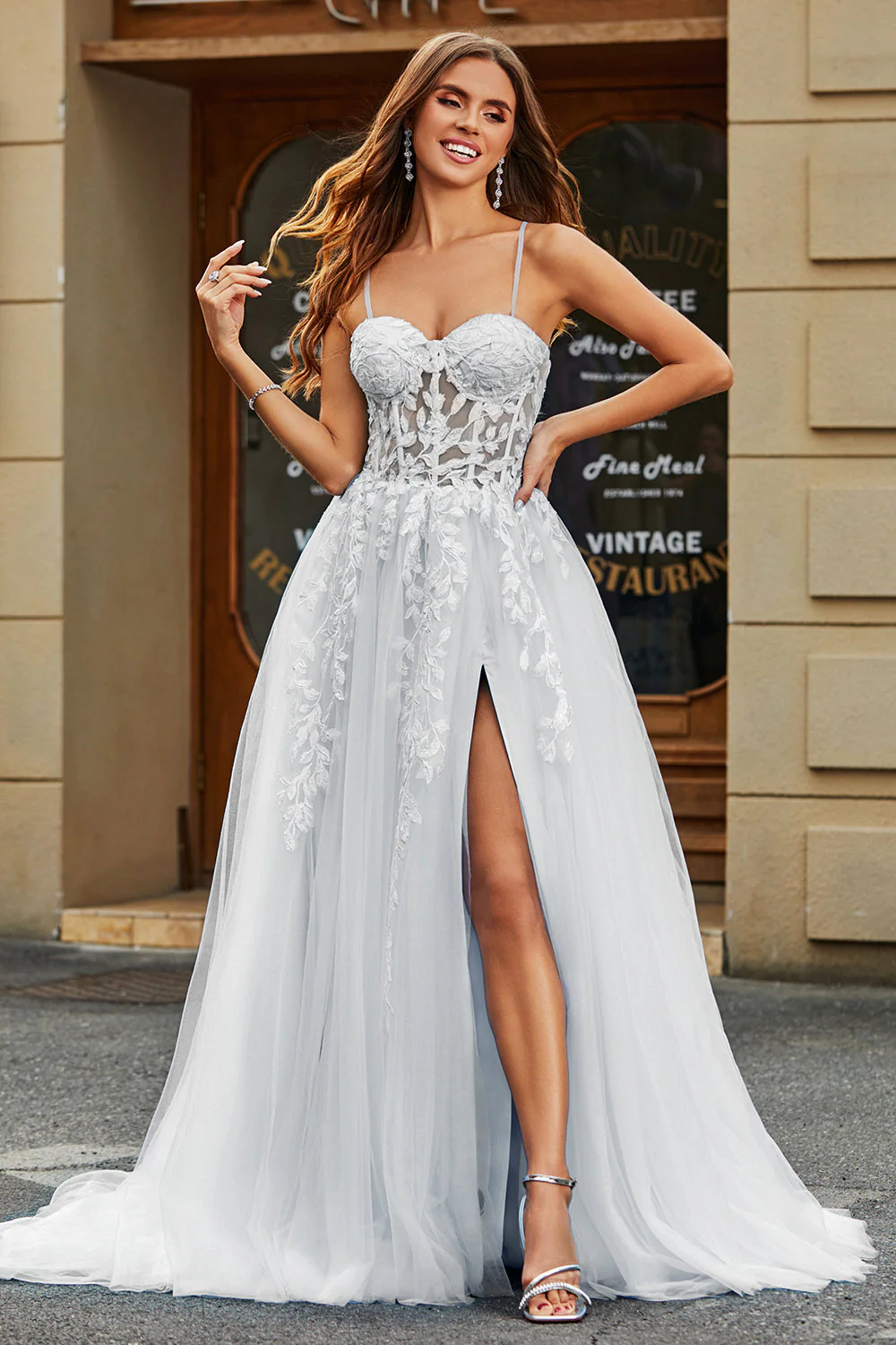 Ivory A-Line Spaghetti Straps Corset Lace Tulle Long Wedding Dress - JUORTHO