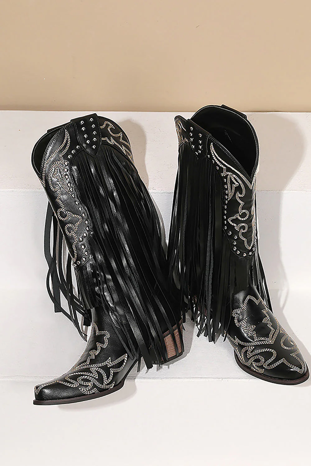 Women's Black Embroidery Tassel Leather Boots - JUORTHO