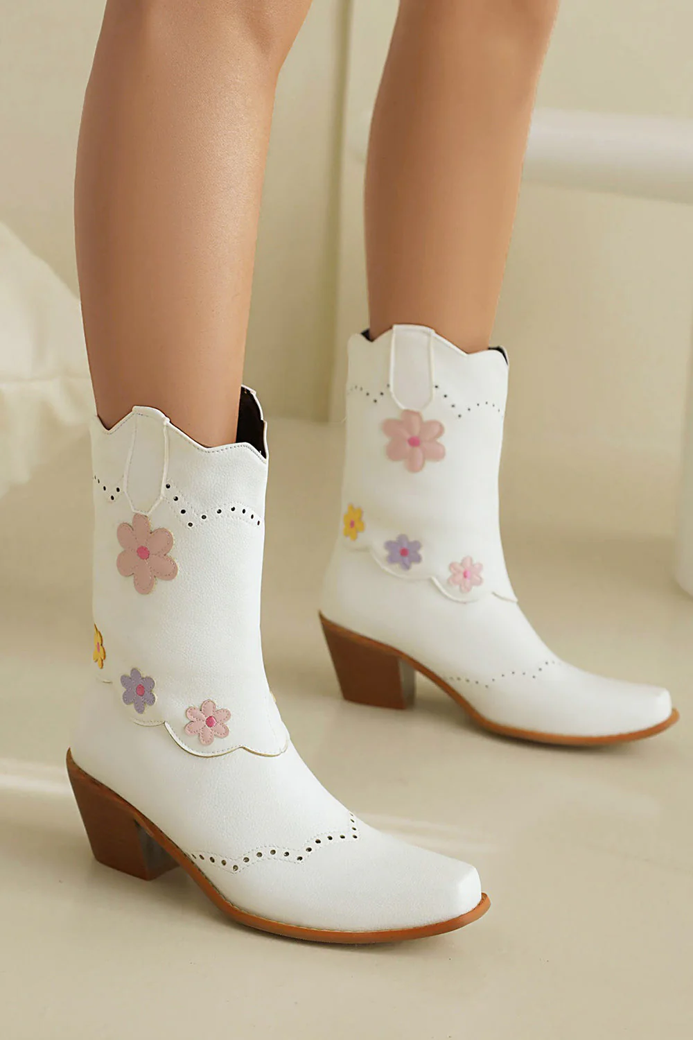 Black Mid Calf Chunky Heel Cowgirl Boots - JUORTHO