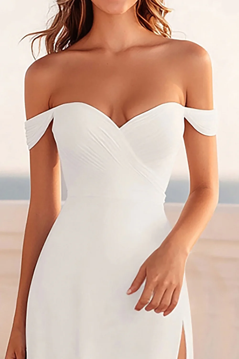Off the Shoulder White Sheath Long Graduation Dress with Slit - JUORTHO
