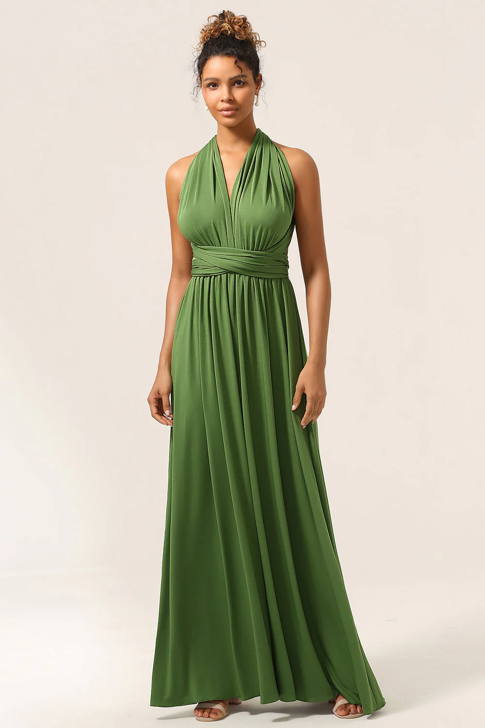 Charming A Line Olive Green Spandex Convertible Wear Long Bridesmaid Dress - JUORTHO