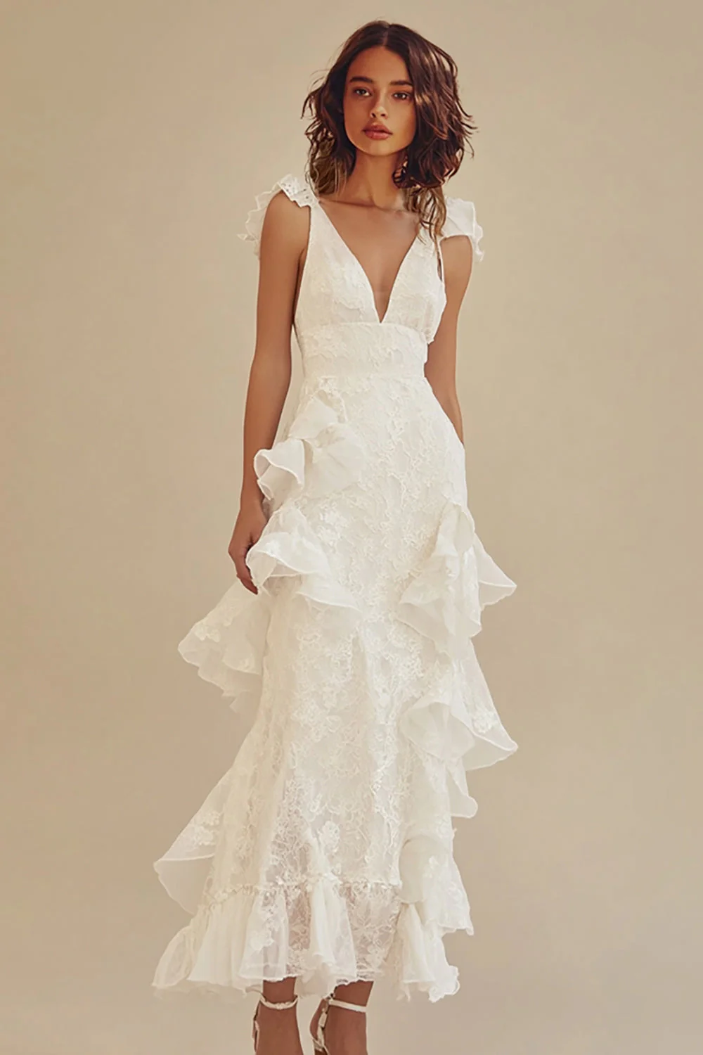 White V-Neck A-Line Lace Long Little White Dress with Ruffles - JUORTHO